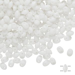 Bead, Preciosa Twin™, Pressed Twin, Czech pressed glass, white, 5x2.5mm oval with 2 holes. Sold per 50-gram pkg.