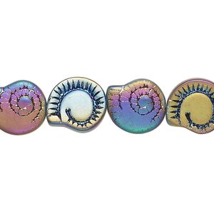 Pressed glass 1pkg1, 2-sided nautilus shell bead, 15.5-16 inch matte iris 12x11.5mm