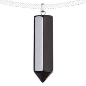 Black onyx / "pewter" (zinc-based alloy) 1pkg1, silver-plated point pendant 43x12mm