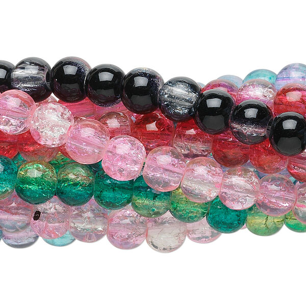 Bead mix, coated crackle glass, two-tone mixed colors, 6-8mm round. Sold per pkg of (10) 30-inch strands. image number 0