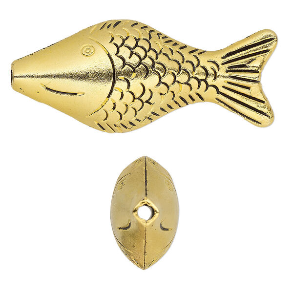 Bead, antiqued gold-finished "pewter" (zinc-based alloy), 52x22mm double-sided fish with 2.5mm hole. Sold per pkg of 2. image number 0