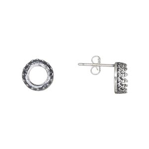 Earstud 1pkg2 JBB Findings sterling silver, 9mm / SS39 rivoli bezel setting / earnuts, antiqued 1 pair