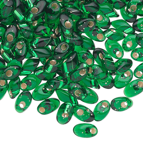 Seed bead, Miyuki, glass, pkg/50g, 7x4mm long magatama, transparent silver-lined emerald green (LMA-16). image number 0