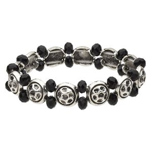 Bracelet, stretch, glass and antique silver-finished "pewter" (zinc-based alloy), black, 13.5mm wide with 6x4mm faceted rondelle and 11mm flat round, 6 inches. Sold individually.