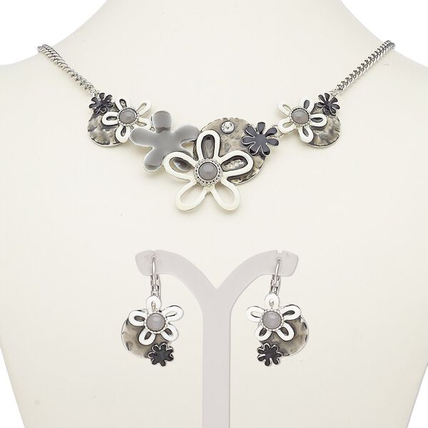 Necklace and earring set, acrylic / enamel / glass rhinestone / imitation rhodium-plated steel / "pewter" (zinc-based alloy), multicolored, flower, 18-inch necklace with 2-inch extender chain and lobster claw clasp, 34mm earrings with leverback ear wire. Sold per set. image number 0