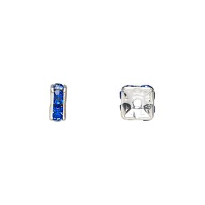 Bead, glass rhinestone and silver-plated brass, sapphire blue, 6x3mm squaredelle. Sold per pkg of 10.