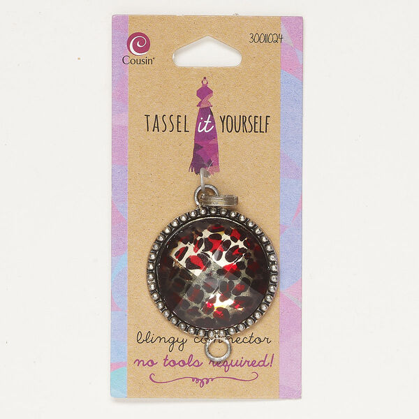 Focal 1pkg1, antique silver-finished brass, red and black, 35mm beaded round with leopard print / hinged bail / bottom loop. image number 0