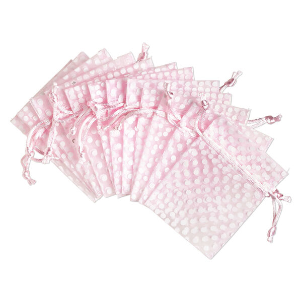 Pouch, organza, light pink and white, 4x3 inches with dots pattern and drawstring closure. Sold per pkg of 12. image number 0