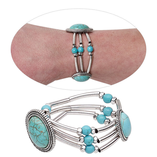 Bracelet, 3-strand stretch, magnesite (dyed / stabilized) / silver-plated brass / antique silver-plated "pewter" (zinc-based alloy), turquoise blue, 28x22mm oval, 6-1/2 inches. Sold individually. image number 0