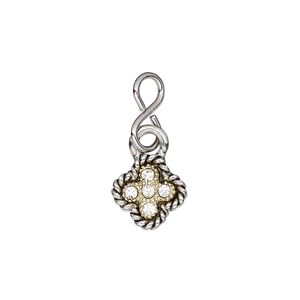 Charm, glass rhinestone / imitation rhodium-plated brass / gold-finished / imitation rhodium-plated / antique imitation rhodium-plated "pewter" (zinc-based alloy), clear, 11mm single-sided flower. Sold individually.