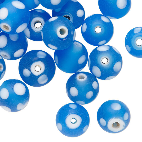 Bead, glass, translucent blue and white, 10mm round with dots. Sold per 2-ounce pkg, approximately 40 beads. image number 0