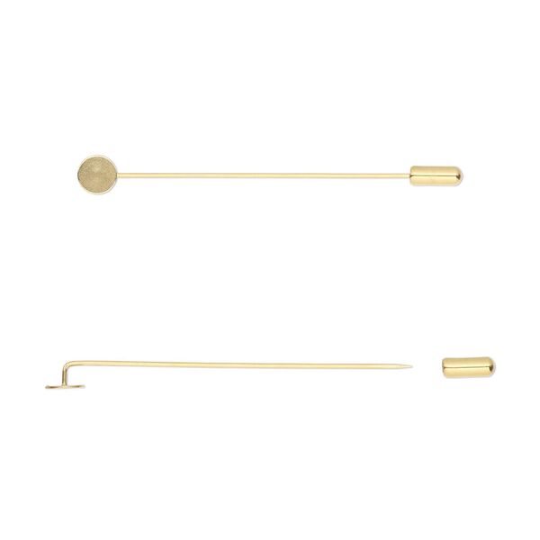 Hat pin, gold-finished stainless steel, 3 inches with 8mm flat pad and 10x4mm clutch, 18 gauge. Sold per pkg of 2. image number 0