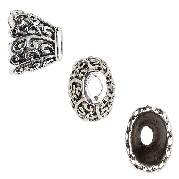Cone, antique silver-finished "pewter" (zinc-based alloy), 16x12x12mm scalloped flat oval with scroll design, 12x8mm inside diameter. Sold per pkg of 6. image number 0