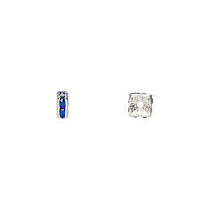 Bead, glass rhinestone and silver-plated brass, sapphire blue, 4x2mm squaredelle. Sold per pkg of 10.