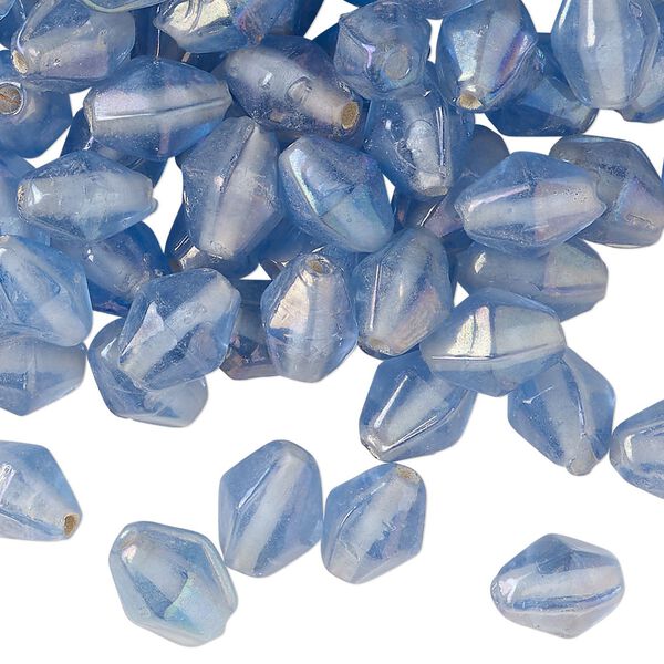Bead, lampworked glass, translucent light sky blue luster, 9x6mm-10x7mm double cone. Sold per 2-ounce pkg, approximately 130 beads. image number 0