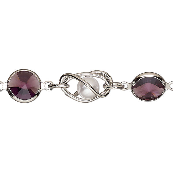 Chain, VINTAGE Crystal™, imitation rhodium-plated brass and crystal, amethyst and white, 9mm round pearl and rivoli link. Sold per pkg of 1 meter. image number 0