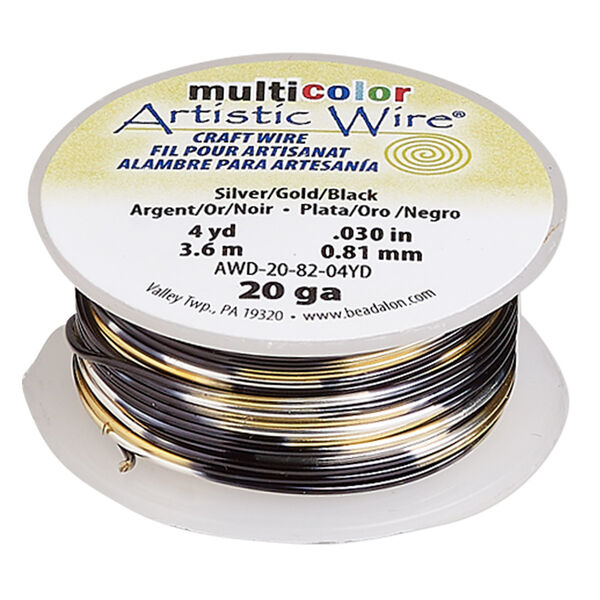 Wire, Artistic Wire®, copper, variegated silver / gold / black, 0.81mm round, 20 gauge. Sold per 4-yard spool. image number 0