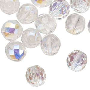 Bead 1pkg1 Czech fire-polished glass, 10mm faceted round, half-mass translucent clear AB