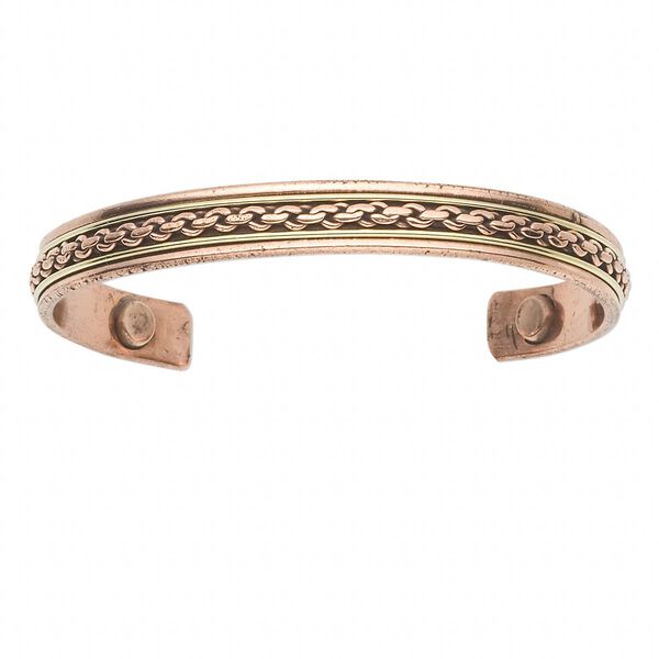 Bracelet, cuff, copper and brass, 10mm wide with chain link design, 7 to 7-1/2 inches with magnetic ends. Sold individually. image number 0