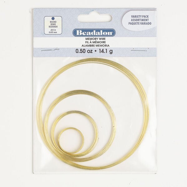 Memory wire assortment 1pkg1, gold-finished steel, 3/4 to 3-1/2 inch coils, 0.655mm thick, 0.5 ounces. image number 0