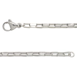 Chain, stainless steel, 2.5mm rectangular box, 18 inches with lobster claw clasp Sold per pkg of 2.