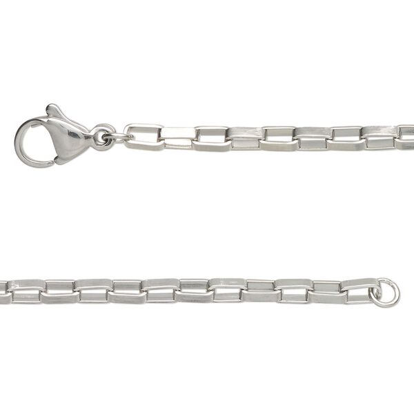 Chain, stainless steel, 2.5mm rectangular box, 18 inches with lobster claw clasp Sold per pkg of 2. image number 0