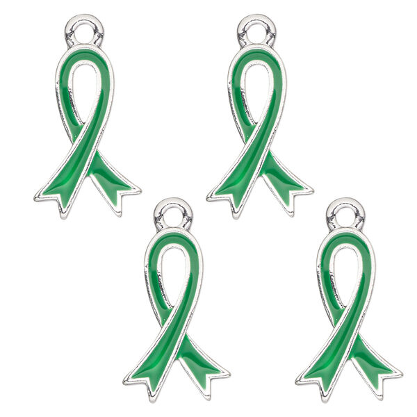 Charm, antique silver-finished enamel "pewter" (zinc-based alloy), green, 18x12mm single-sided awareness ribbon. Sold per pkg of 4. image number 0