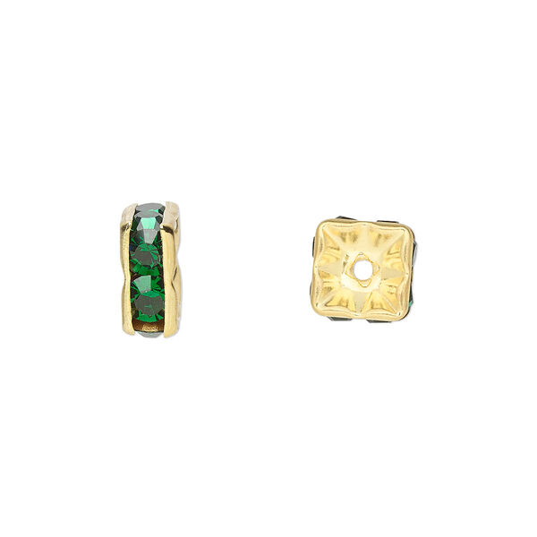 Bead, glass rhinestone and gold-finished brass, emerald green, 8x4mm squaredelle. Sold per pkg of 10. image number 0