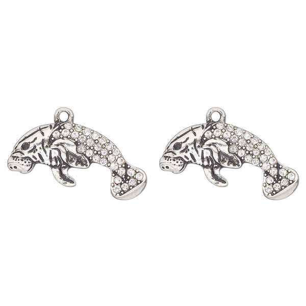 Focal, antique silver-finished "pewter" (zinc-based alloy) and glass, clear and black, 30x14mm single-sided manatee. Sold per pkg of 2. image number 0