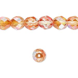 Bead, Czech fire-polished glass, two-tone clear AB and apricot medium, 8mm faceted round. Sold per 15-1/2" to 16" strand.