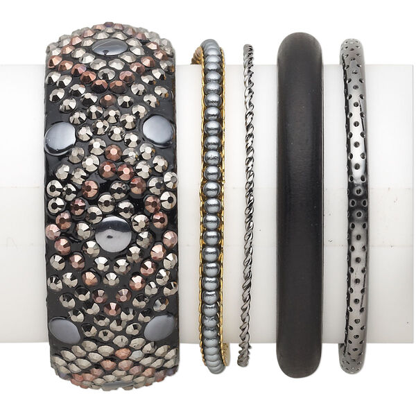 Bracelet mix, bangle, wood (dyed) / acrylic / gunmetal- / copper- / gold-finished steel, black, 2-29.5mm wide with mixed design, 2-1/2 inch inside diameter. Sold per 5-piece set. image number 0