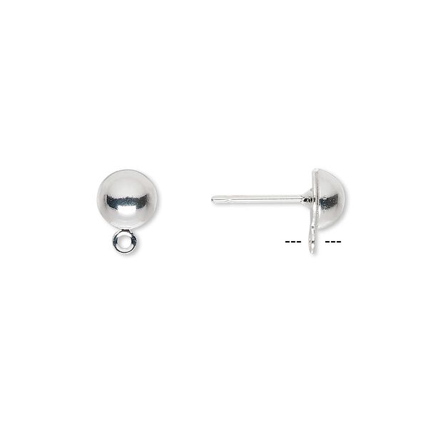 Earstud, silver-plated brass and stainless steel, 6mm half ball with closed loop. Sold per pkg of 50 pairs. image number 0