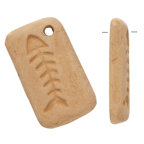 Focal, terra cotta, 32x18mm-34x20mm single-sided flat rectangle with fish skeleton design. Sold per pkg of 2. image number 0