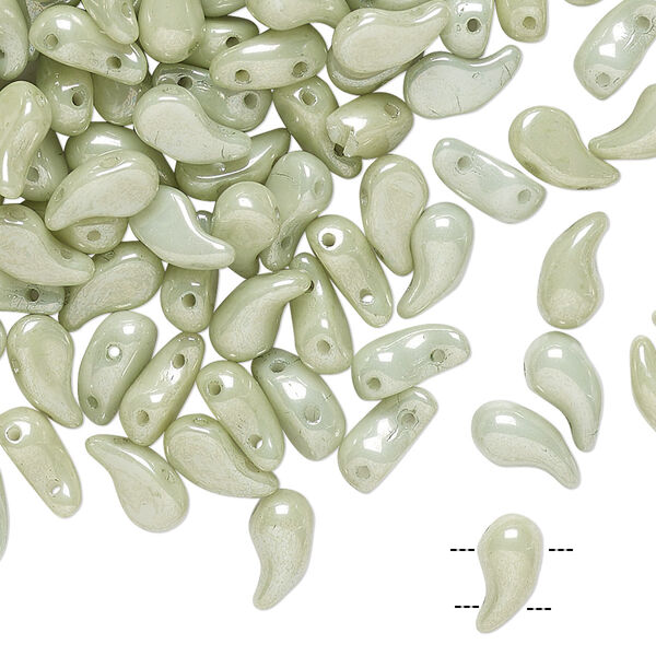 Bead, Zoliduo®, Czech pressed glass, opaque white mint green luster, 8x5mm double-drilled left-facing comma. Sold per pkg of 30. image number 0