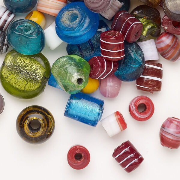 Bead mix lampworked glass 1pk 10-27mm mixed shapes opaque mixed colors silver-colored foil, 8 ounce image number 0