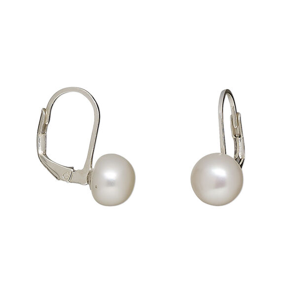 Earring, cultured freshwater pearl (bleached) and sterling silver, white, 20mm with 8mm button and leverback ear wire, 20x8mm overall. Sold per pair. image number 0