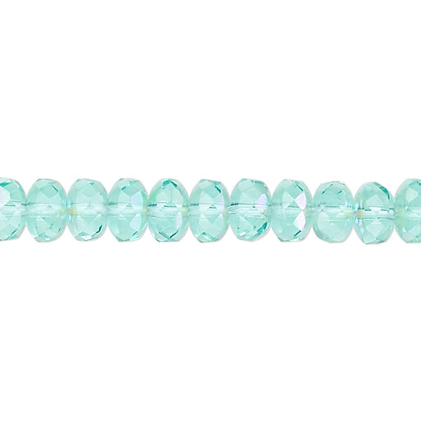 Bead, Czech fire-polished glass, light aqua AB, 7x5mm faceted rondelle. Sold per 15-1/2" to 16" strand. image number 0