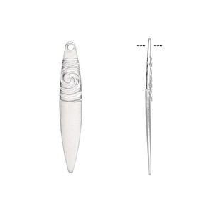 Drop, silver-finished brass, 28x5mm single-sided flat marquise with swirl design. Sold per pkg of 10.