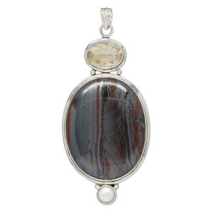 Pendant, tiger iron (natural) / cultured freshwater pearl (bleached) /citrine (heated) / sterling silver, 3-1/2x2-inch oval and round. Sold individually.