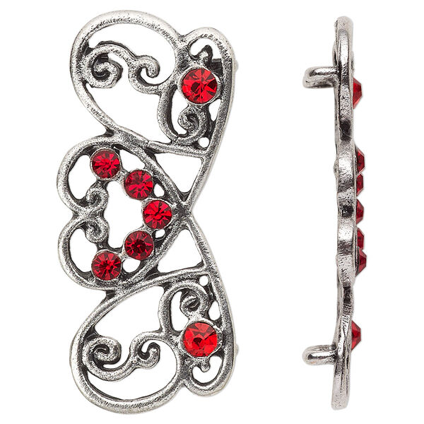 Spacer, antiqued silver-finished "pewter" (zinc-based alloy) and Czech glass rhinestone, light Siam, 41x17mm 2-strand fancy rectangle. Sold per pkg of 4. image number 0