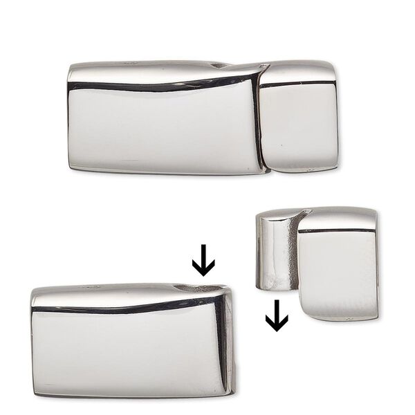 Clasp, magnetic slide lock, stainless steel, 33x14mm shiny rectangle with glue-in ends, 11.5x5.5mm inside diameter. Sold individually. image number 0