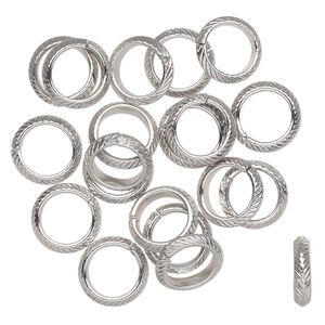 Component, imitation rhodium-finished steel, 14mm textured ring, 10mm inside diameter. Sold per pkg of 20.