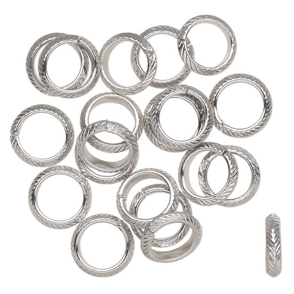 Component, imitation rhodium-finished steel, 14mm textured ring, 10mm inside diameter. Sold per pkg of 20. image number 0