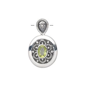 Pendant, peridot (natural) and antiqued sterling silver, 26x16mm oval with 8x6mm faceted oval. Sold individually.