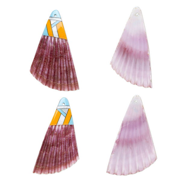 Focal, sea scallop shell / multi-shell / resin (dyed/assembled), mauve / turquoise blue / multicolored, 50x33mm single-sided right- and left-facing half shells, Mohs hardness 3-1/2. Sold per pkg of 2. image number 0