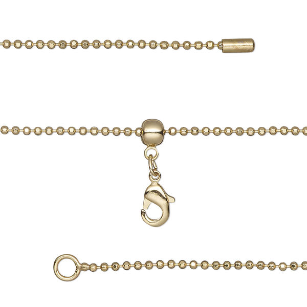 Chain, silicone and gold-finished brass, 1.3mm faceted ball, adjustable from 16 to 23-1/2 inches with lobster claw clasp and adjustable slider bead. Sold individually. image number 0