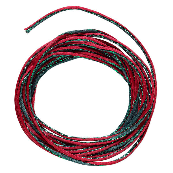 Cord, Satinique™, nylon and polyester, green and red, 2mm regular with vertical stripe. Sold per 10-foot section. image number 0