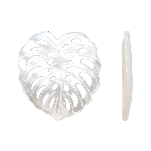Focal, mother-of-pearl shell (bleached), 26x24mm undrilled carved leaf with cutout design, Mohs hardness 3-1/2. Sold individually. image number 0