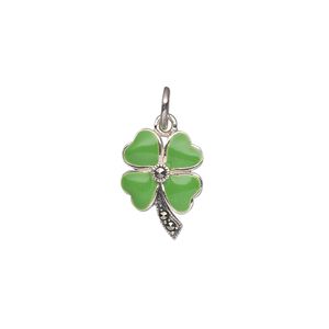 Charm, Signity® marcasite (natural) / epoxy / antiqued sterling silver, green, 15x11mm single-sided 4-leaf clover. Sold individually.
