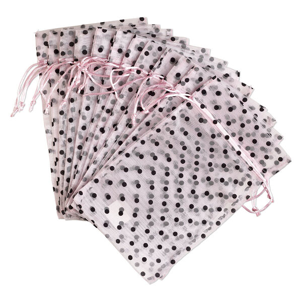 Pouch, organza, pink and black, 10x6 inches with dots pattern and drawstring closure. Sold per pkg of 12. image number 0